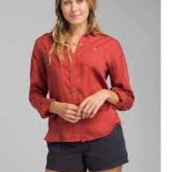 Prana Updrift tencel button down shirt with pocket women’s sz SX grey red - Picture 4 of 5